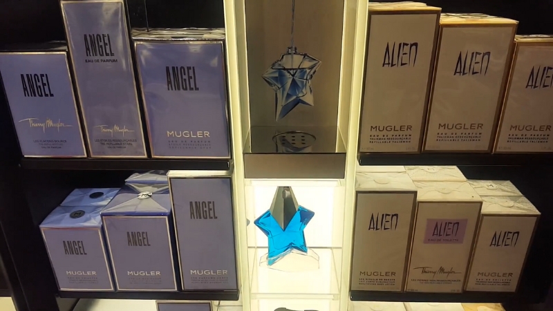 Display of Mugler’s Angel and Alien perfumes