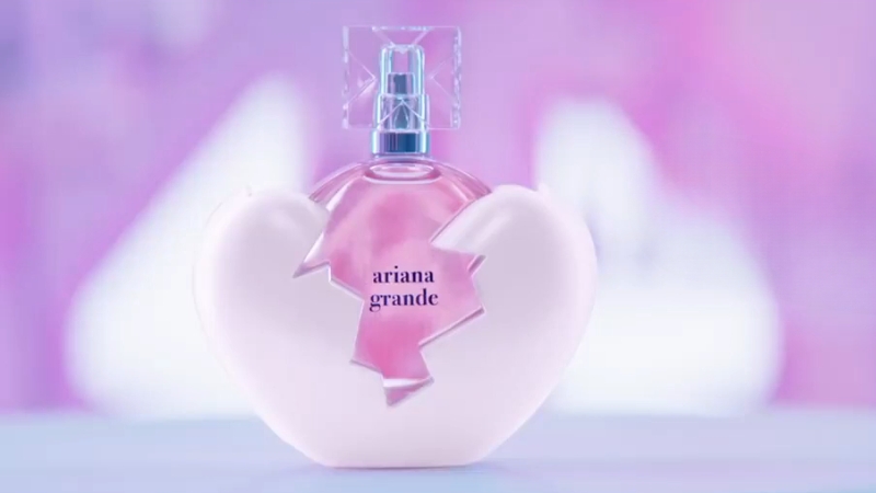 A pink bottle of Ariana Grande’s Thank U, Next perfume