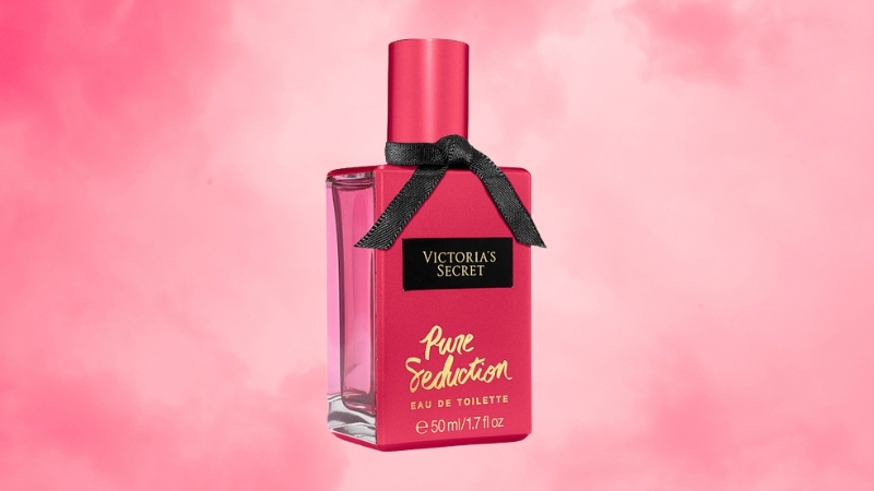 Victoria’s Secret Pure Seduction perfume bottle on a pink background