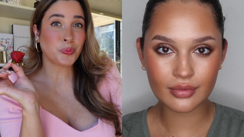 Strawberry Girl Makeup with rosy blush and glossy lips beside Latte Makeup with bronzed skin and neutral tones