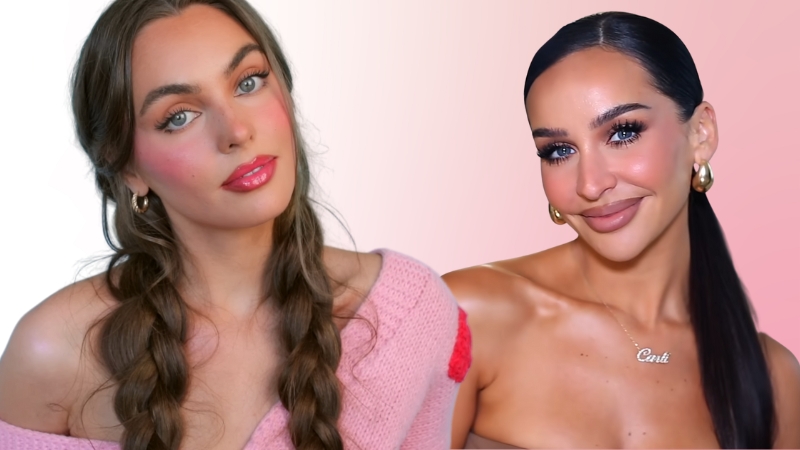 Strawberry Girl Makeup with rosy blush and glossy lips beside Latte Makeup with bronzed skin and nude lips