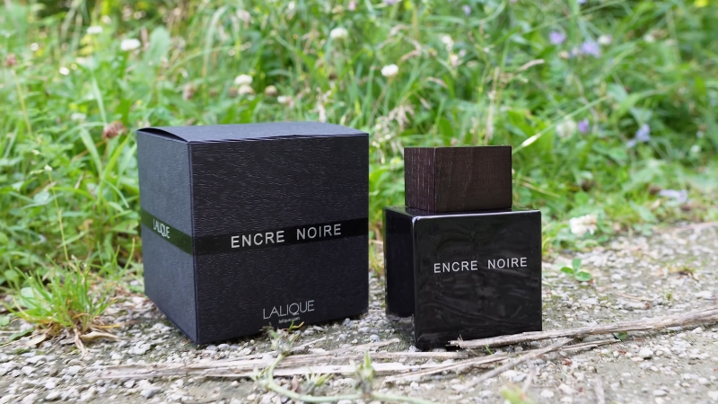 Lalique Encre Noire EDT bottle and box displayed outdoors on a natural background