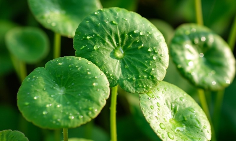  Close-up of bright green Centella asiatica circular leaves
