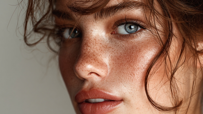 Close-up of a woman with glowing dewy skin, natural makeup, and soft lighting