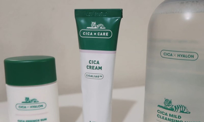 Three Cica skincare products featuring green and white packaging with a tiger logo