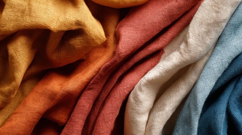 Soft natural fabrics in warm tones of gold, terracotta, cream, and blue, folded and layered together