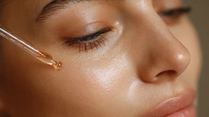 A woman applies hyaluronic acid serum to her face with a dropper