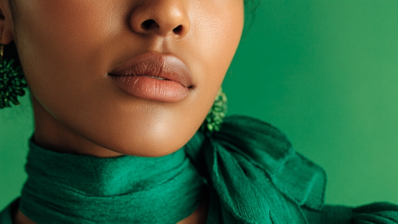 Close-up of a woman wearing nude lipstick and a green outfit that highlights her natural skin tone