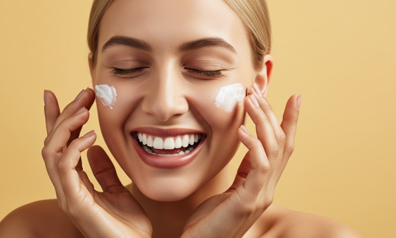 Woman smiling while applying skin care product on her face