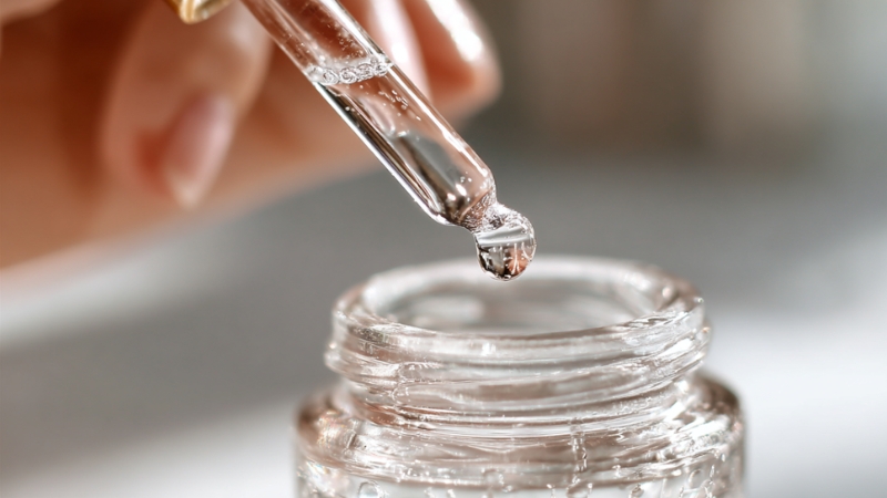 A dropper releases serum into a clear glass bottle, illustrating squalane vs hyaluronic acid skincare comparison