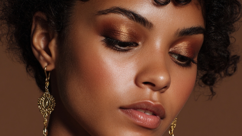 Warm bronze makeup pairs with gold earrings for a smooth monochromatic look