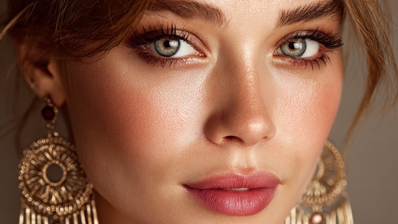 Gold earrings pair with warm makeup tones on the model