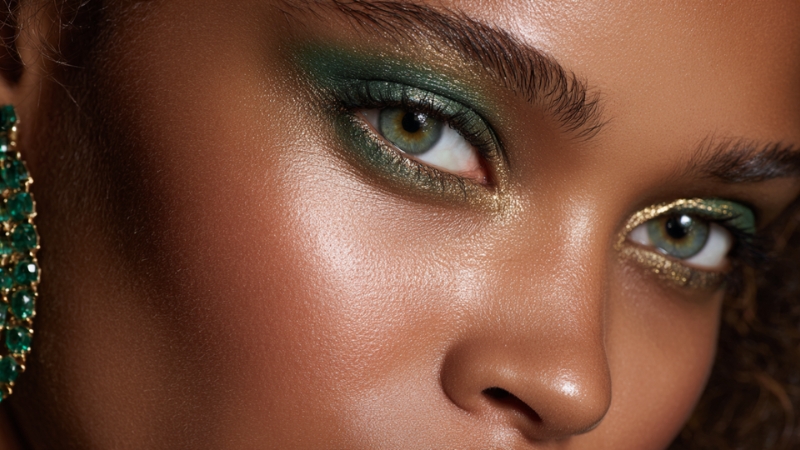 Green gemstone earrings pair with matching green eyeshadow