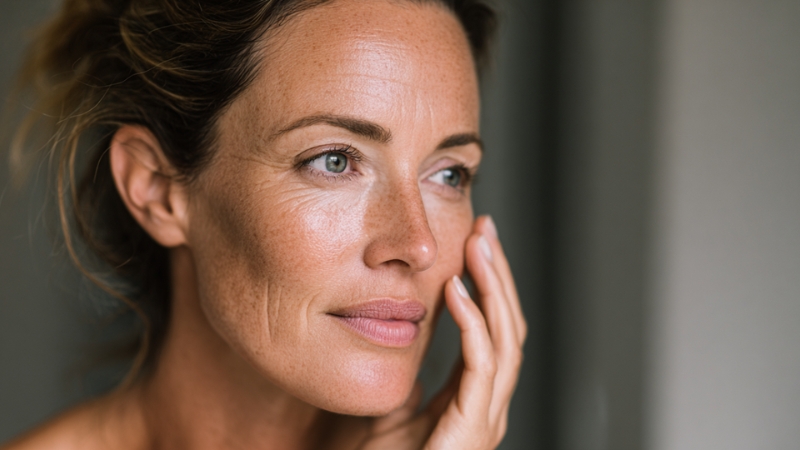 Woman with mature skin touch cheek while evaluat anti age ingredient effects on texture and tone