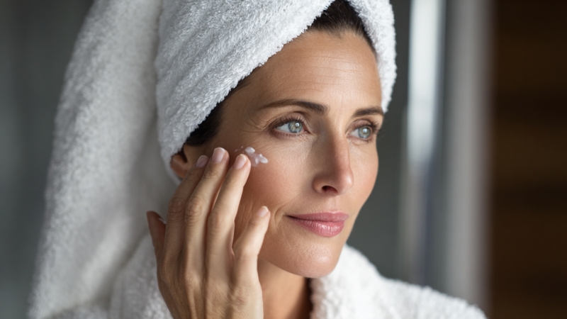 Woman apply anti-aging products to improve skin tone and brightness after regular use