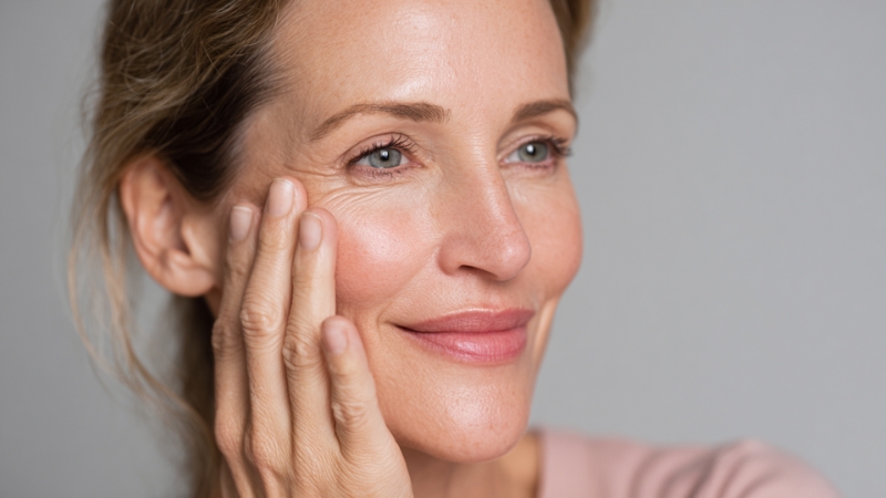 Woman touch smooth skin after consistent long-term anti-aging care