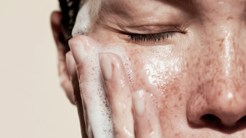 Close-up of a person washing their face with gentle foam