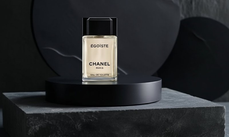 Chanel Egoiste Eau de Toilette perfume bottle resting on a dark marble pedestal against a dramatic, textured black rock backdrop