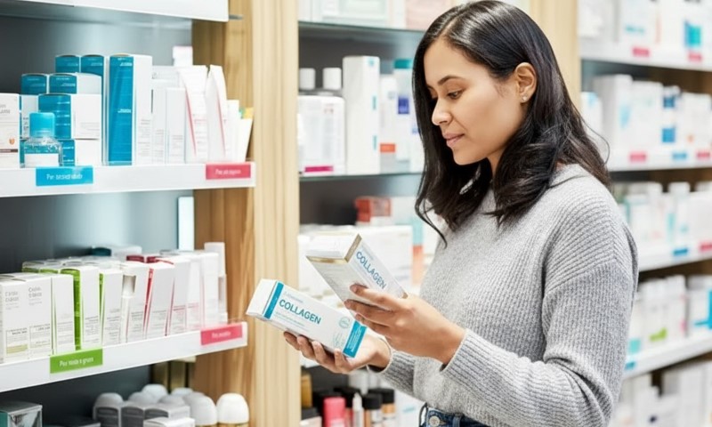 A woman examines a package of collagen while standing in a pharmacy aisle