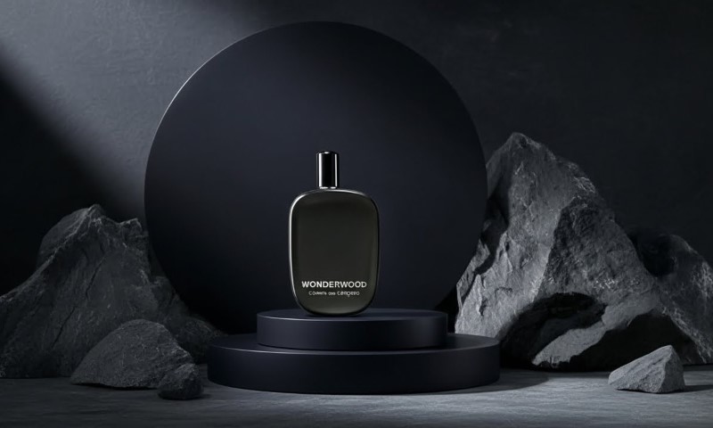 Comme des Garçons Wonderwood perfume bottle resting on a dark marble pedestal against a dramatic, textured black rock backdrop