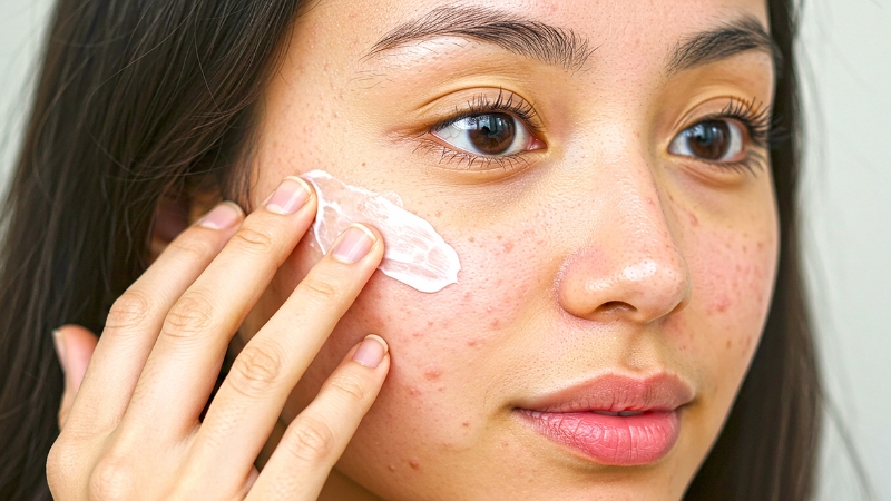 Woman applying skincare cream to acne scars on her cheek
