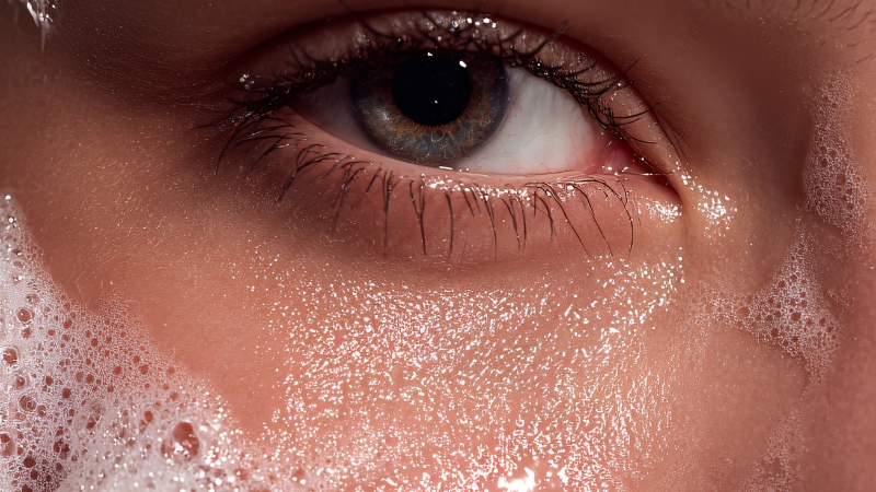 Close-up of a cleansed face with gentle foam around the eye area