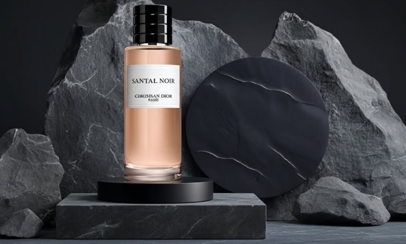 Dior Santal Noir perfume bottle resting on a dark marble pedestal against a dramatic, textured black rock backdrop