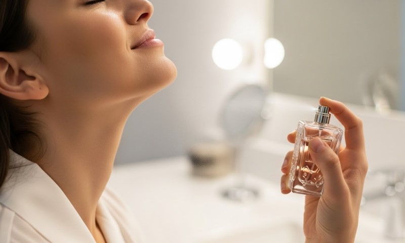 A woman is enjoying the scent of her perfume while standing in a bathroom