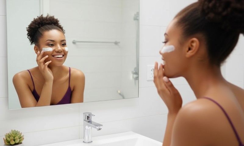 A woman applies face cream while looking into a mirror
