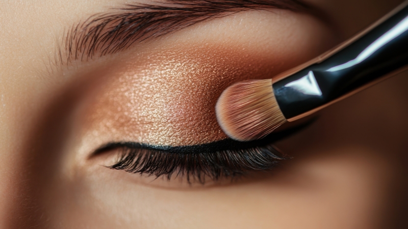 A close-up makeup brush applying shimmery eyeshadow on an eyelid