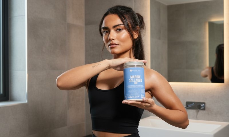 A woman holds a blue bottle of marine collagen