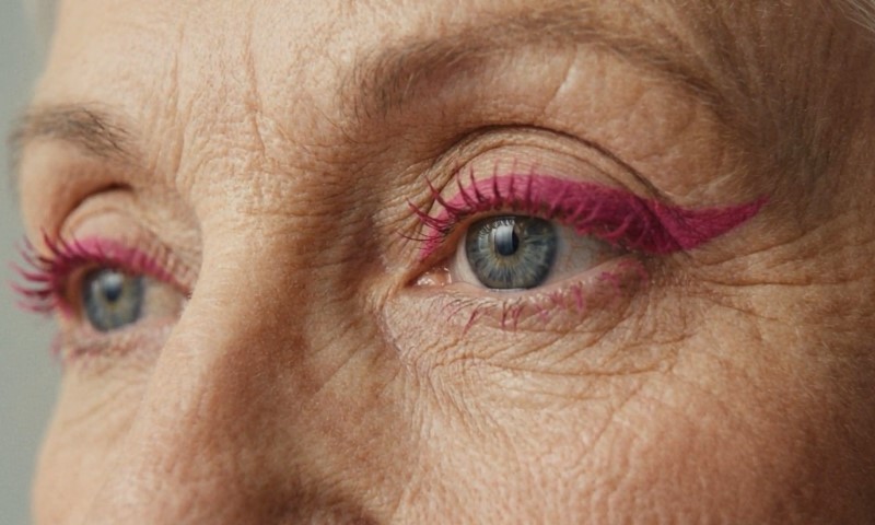 Close-up of mature skin featuring vibrant, magenta winged eyeliner and matching mascara framing a striking blue-gray eye