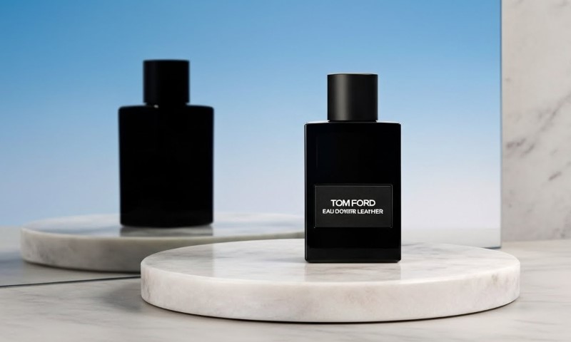 Ombré Leather Eau de Parfum fragrance bottle on a white marble pedestal against a bright blue background