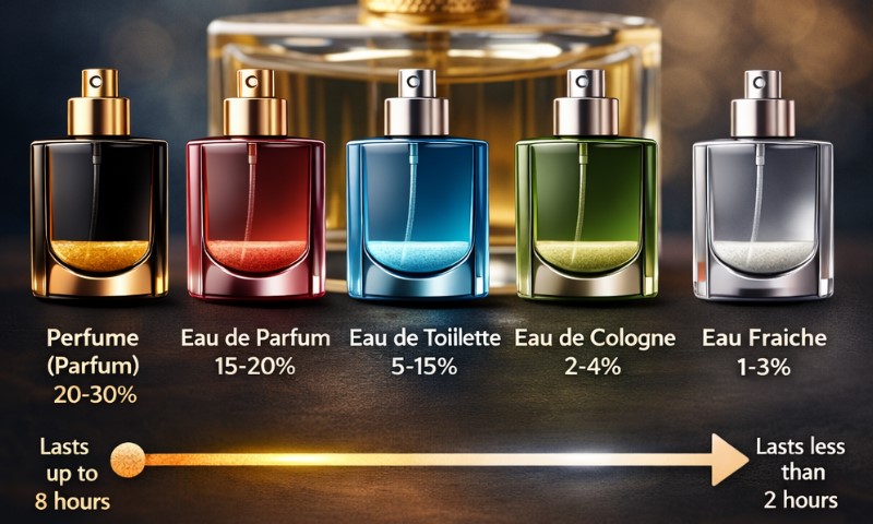 Five sleek perfume bottles displaying concentrations from Parfum (20-30%) to Eau Fraiche (1-3%) with corresponding longevity arrow