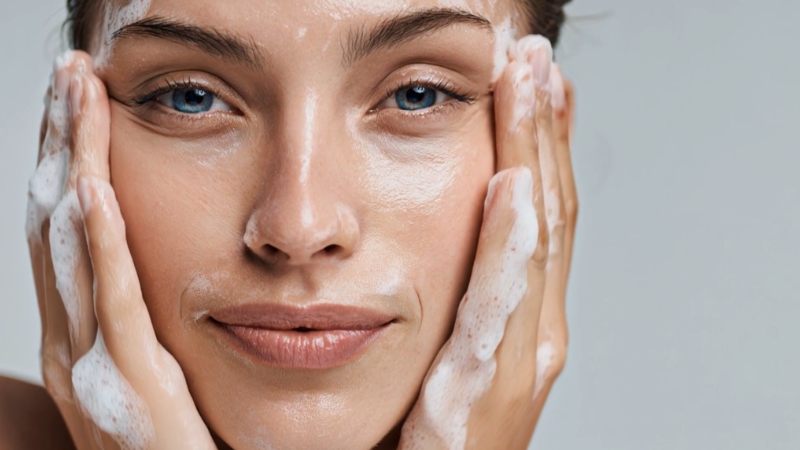 Close-up of a woman cleansing her face with soft foam