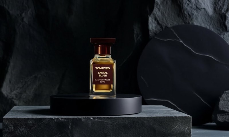 Tom Ford Beauty Santal Blush perfume bottle resting on a dark marble pedestal against a dramatic, textured black rock backdrop