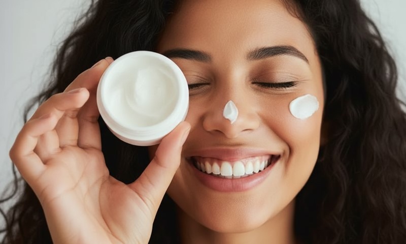 A smiling woman holds a jar of cream, showcasing her enthusiasm for skincare