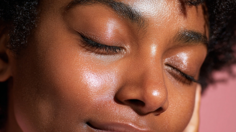 Close-up of a woman with smooth hydrated skin and relaxed expression