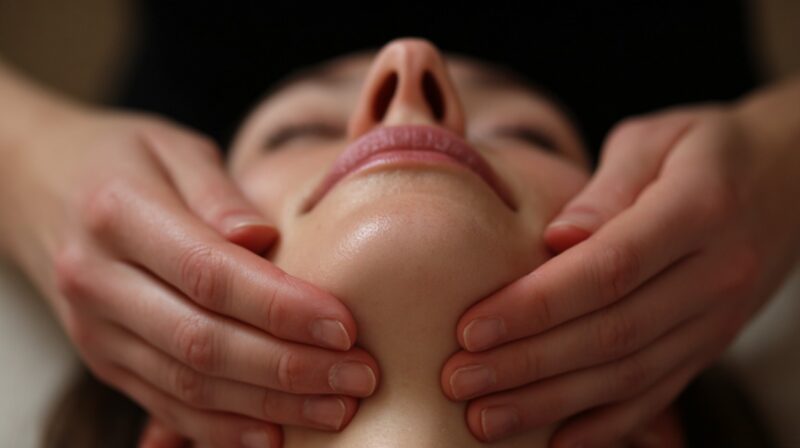 Close-up of a person receiving a facial massage, with hands applying gentle pressure along the jaw and chin