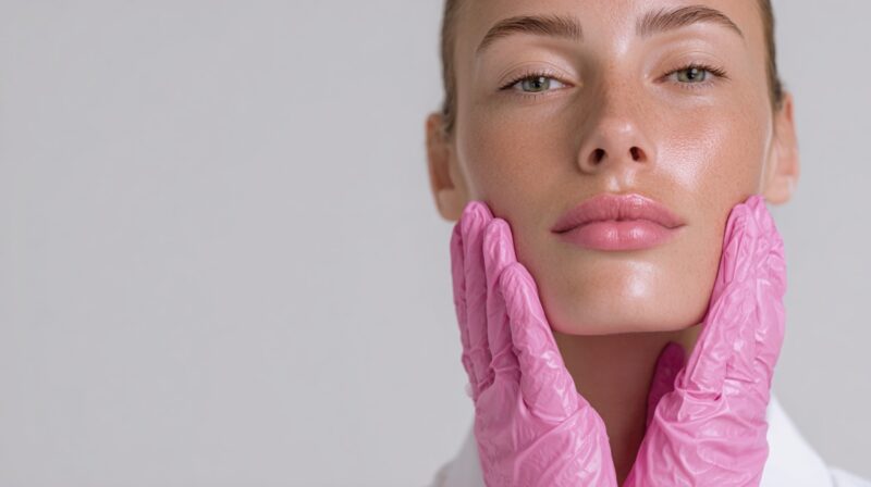 Close-up of a woman’s face being gently supported by pink-gloved hands during a professional facial treatment