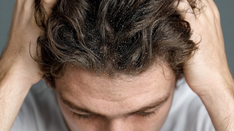 Top view of a person with visible white flakes on the scalp and hair