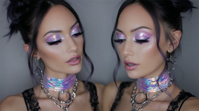 Model wearing pink and silver holographic eyeshadow with glossy skin and chain choker