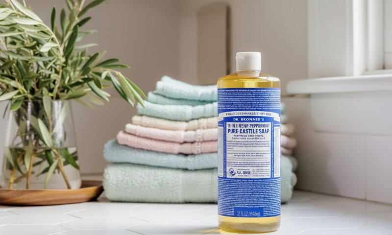A bottle of Dr. Bronner's peppermint soap stands in focus on a white countertop