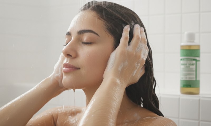 A person with closed eyes enjoys a shower, lathering shampoo in their hair