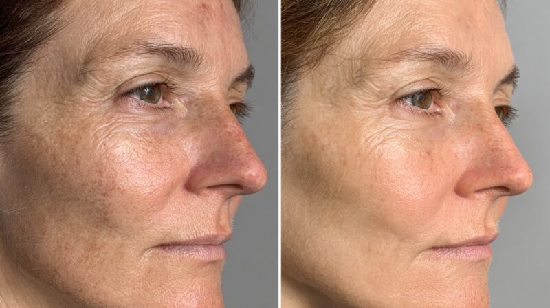 Split image of a woman’s face in profile, highlighting variations in pigmentation, redness, and skin texture