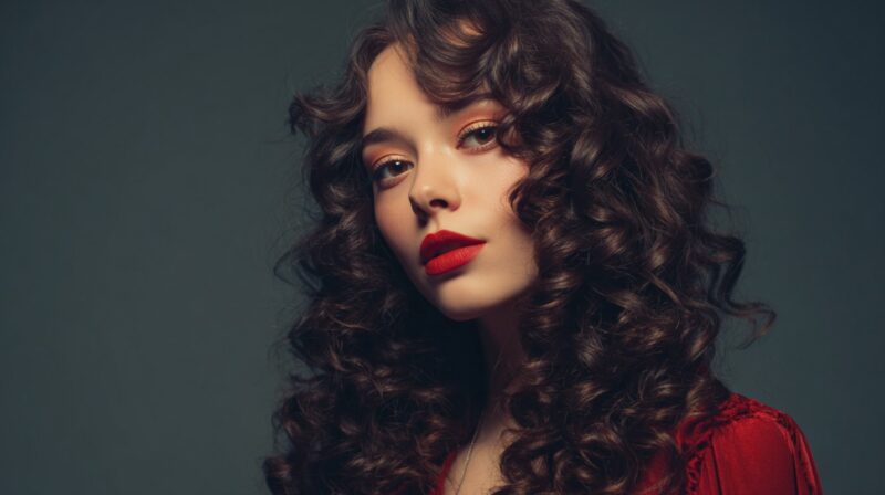 Portrait of a woman with dark, defined curly hair, red lipstick, and softly styled curls against a muted background
