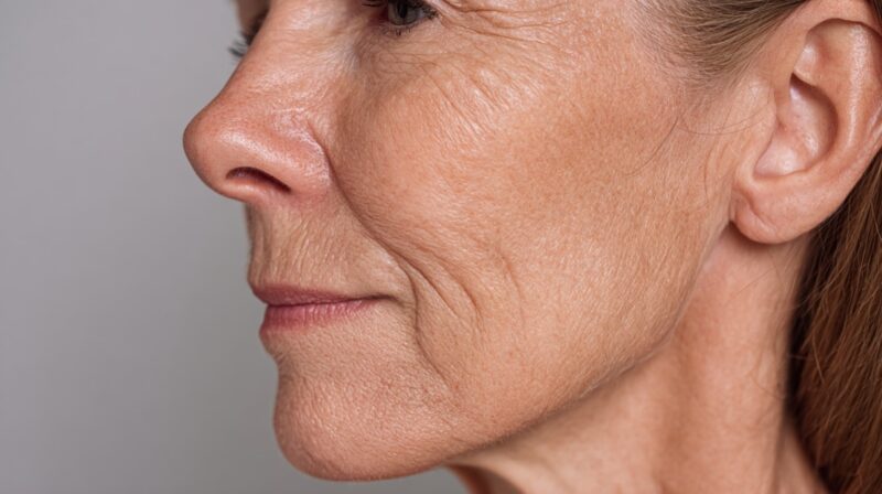 Side profile close-up of an older woman with visible wrinkles and natural skin texture