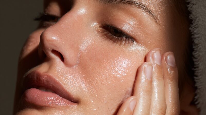 Close up of hydrated skin with a glossy finish as a hand gently presses the cheek