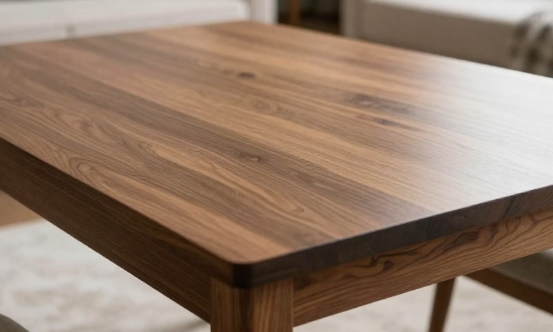 A polished wooden table with visible grain lines sits in a softly lit room