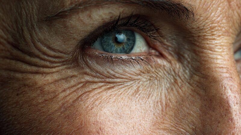 Detailed close-up of an aging eye with visible wrinkles and natural skin texture